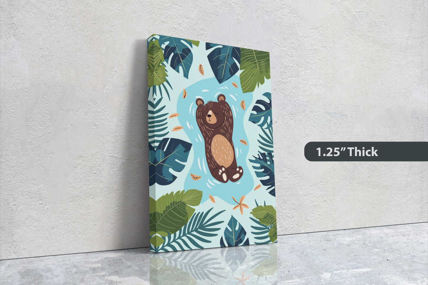 Baby Bear Relaxing, Bear Cub, Swimming Bear, Framed Canvas, Nursery Decor, Childrens Room, Kids Room, Illustration, Forest Art