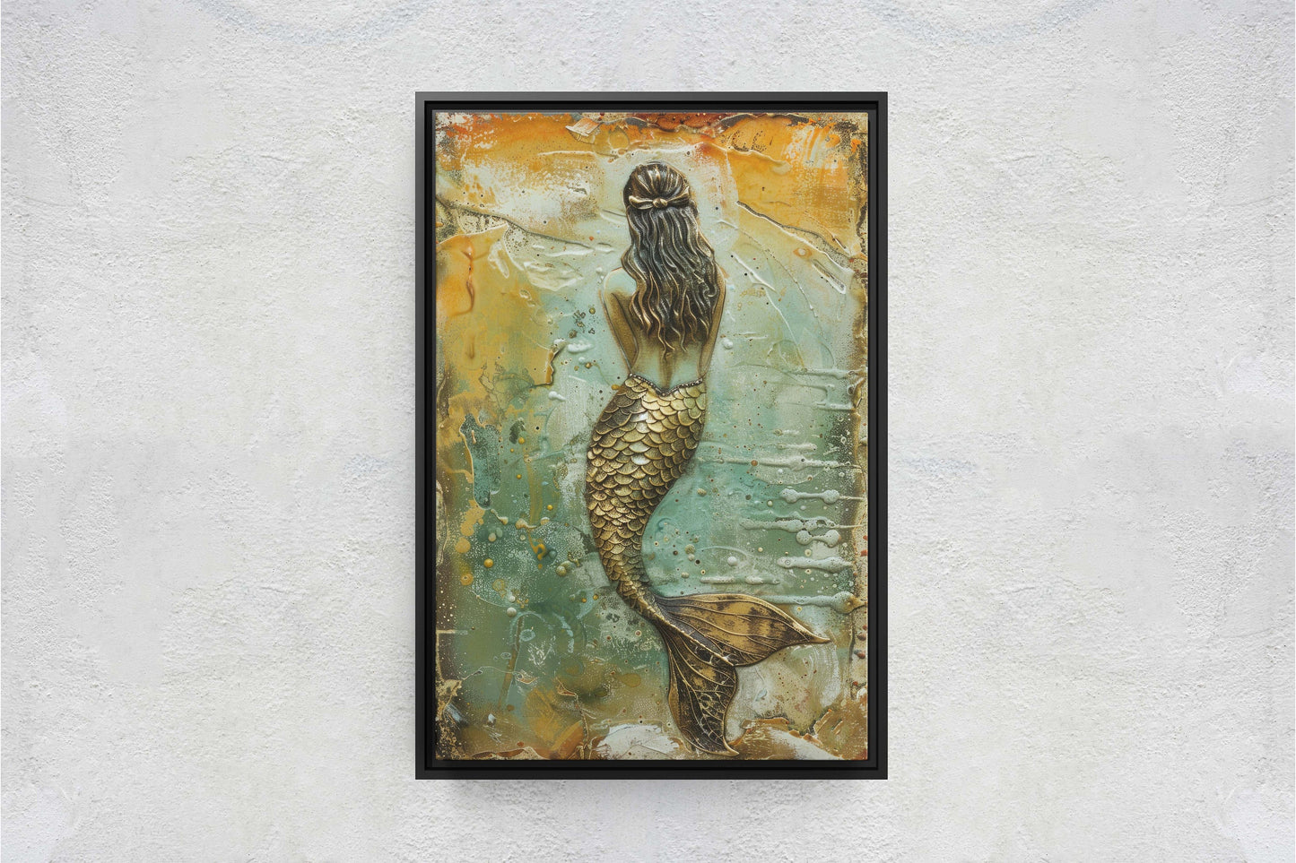 Rustic Mermaid, Faux metal art, Mythical Creature, Ocean Decor, Framed Canvas, Large Art print, Fantasy Painting