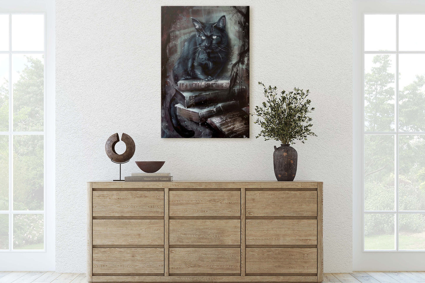 Arcania Black Cat, Dark Academia, Magic Library, Framed Canvas, Halloween Decor, Creepy Decor, Spooky Art