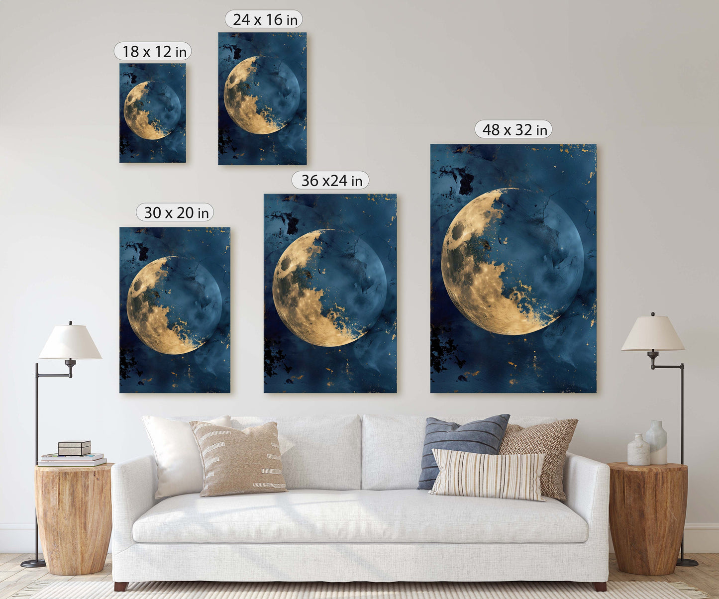 Gold Moon Indigo, Celestial Painting, Gold and Dark Blue, Minimalist Decor, Maximalist Art, Framed Canvas, Space Decor, Night Sky