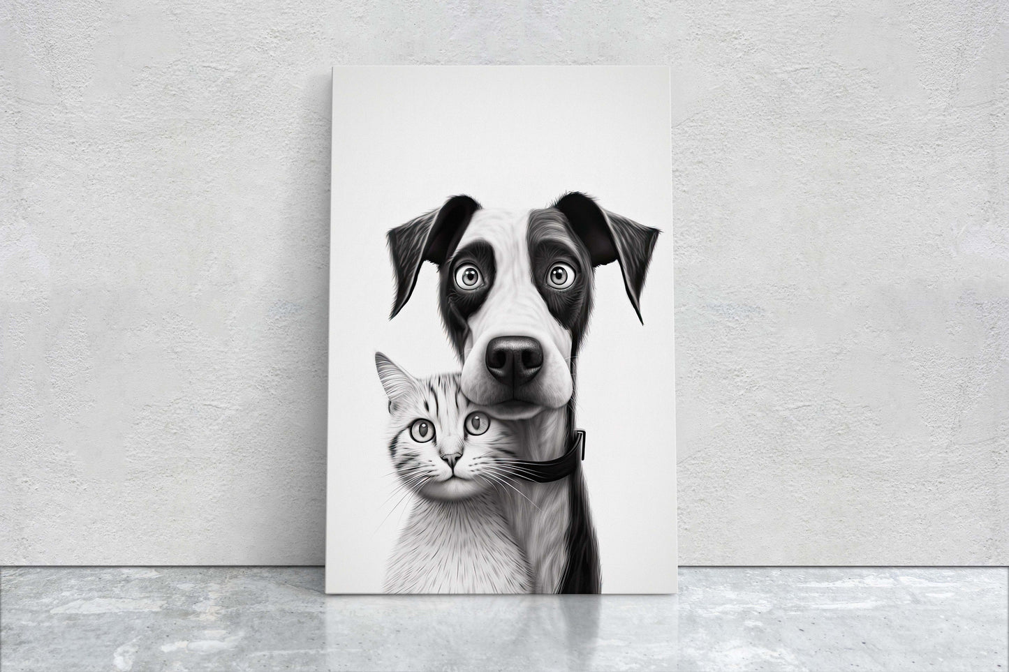 Black White Cat Dog, Loving Pets, Cute Animals, Minimalism, Animal Art, Kitten Decor, Puppy Art, Framed Canvas, Quirky Animal