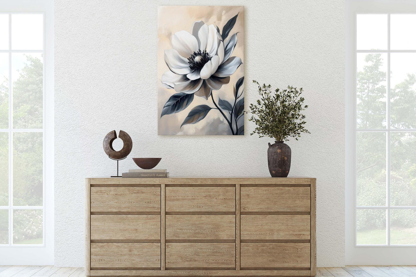 Black And White Flower, Flower Painting, Neutral Tones, Beige Black White