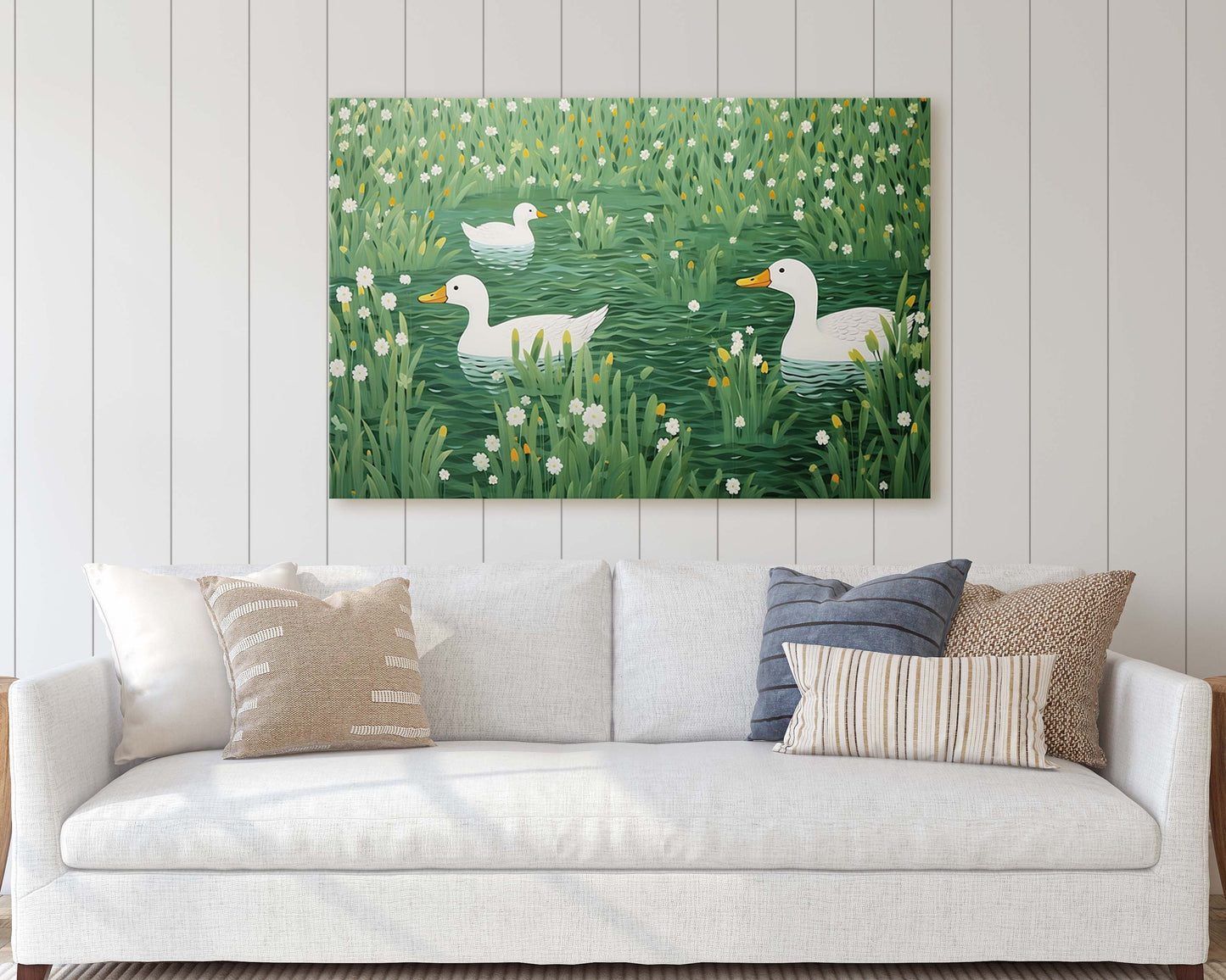 Ducks on Pond, Green Pond, Simple Minimal, Framed Canvas, Green and White, Emerald Green, Large Art Print, Mallard Duck, Lake, Marsh