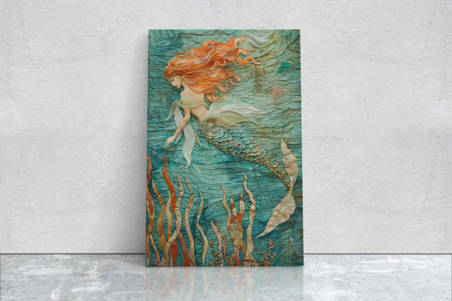 Mermaid in Garden, Nautical Artwork, Ocean Decor, Mythical Creature, Fantasy Decor, Faux Fabric, Framed Canvas, Extra Large Print