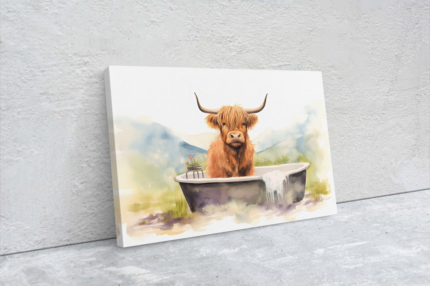 Highland Cow on Canvas, Cow Bathtub, Bathroom Decor, Scottish Cow, Bovine Art, Powder Room, Barn Style, Fun Art, Farm Print, Oversized Art