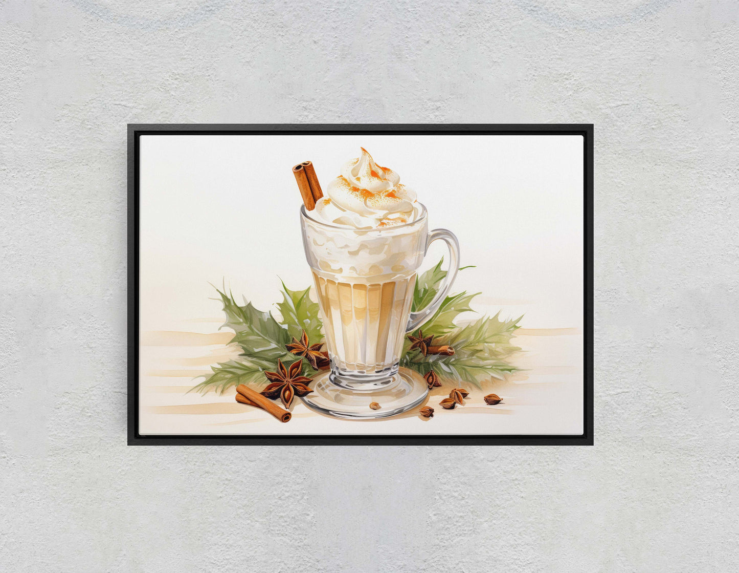 Eggnog Painting, Christmas Nog, Food Decor, Kitchen Art, Framed Canvas, Festive Decor