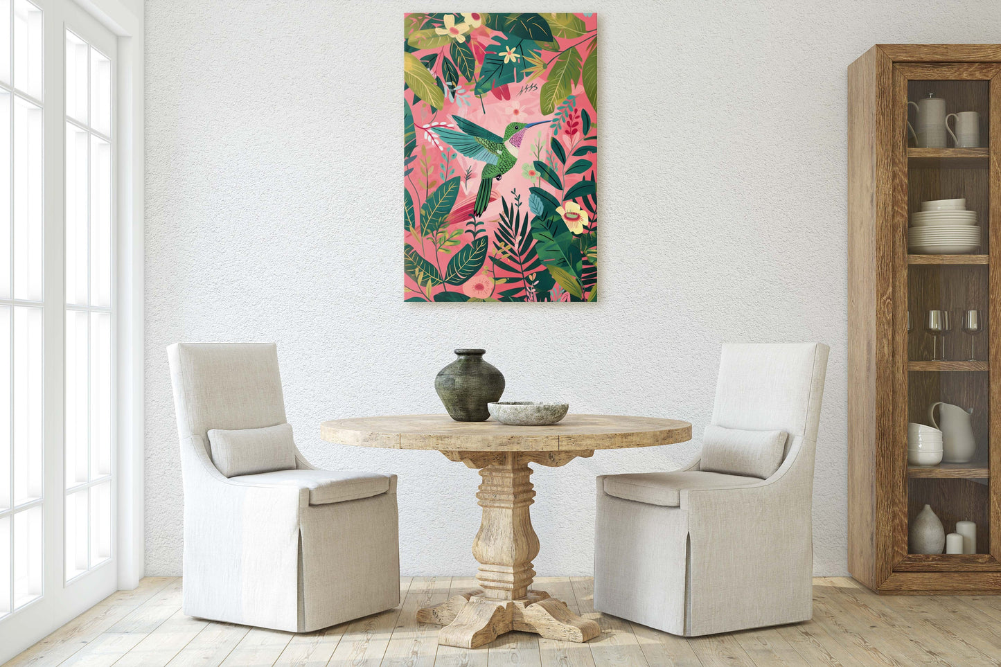 Hummingbird Pink, Framed Canvas, Tropical Art, Maximalist Jungle, Botanical Print, Bold Eclectic, Pink Art