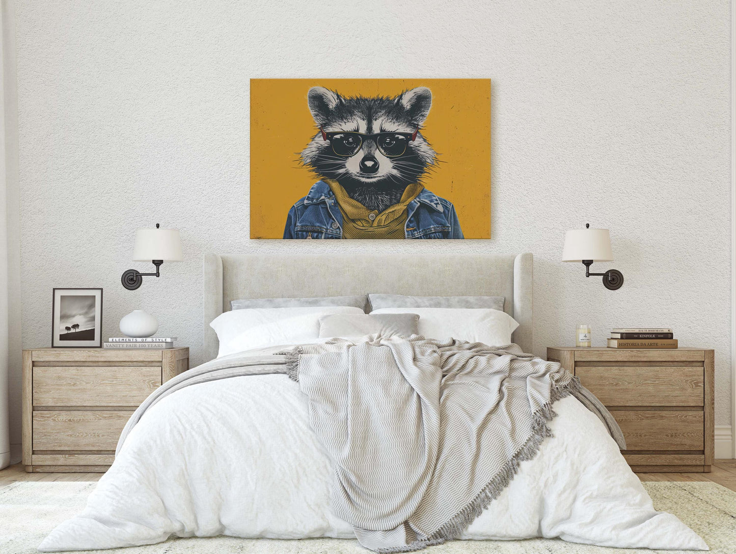 Hipster Racoon, Pop Art, Street Art, Graffiti Painting, Animal Sunglasses, Yellow, Fun Quirky, Large Art Print, Kids Room, Boys Room