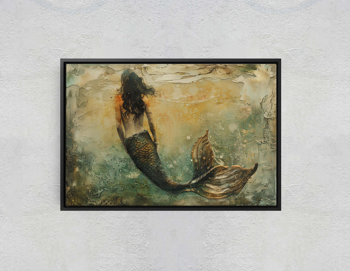 Mermaid Alone, Nautical Artwork, Ocean Decor, Mythical Creature, Fantasy Decor, Faux Metal, Framed Canvas, Extra Large Print