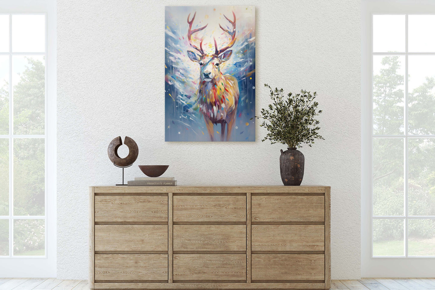 Reindeer Painting, Colorful Reindeer, Winter Art, Festive Decor, Xmas Print, Framed Canvas, Reindeer Print, Christmas Print