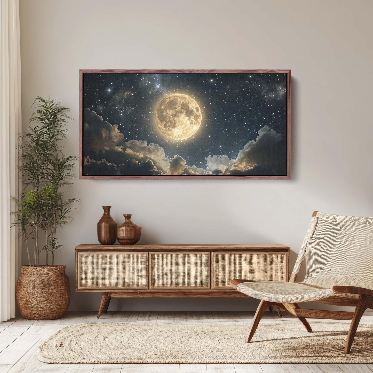 Full Moon Vintage ,Cloudy Moon Sky, Moon Painting, Moon and Stars