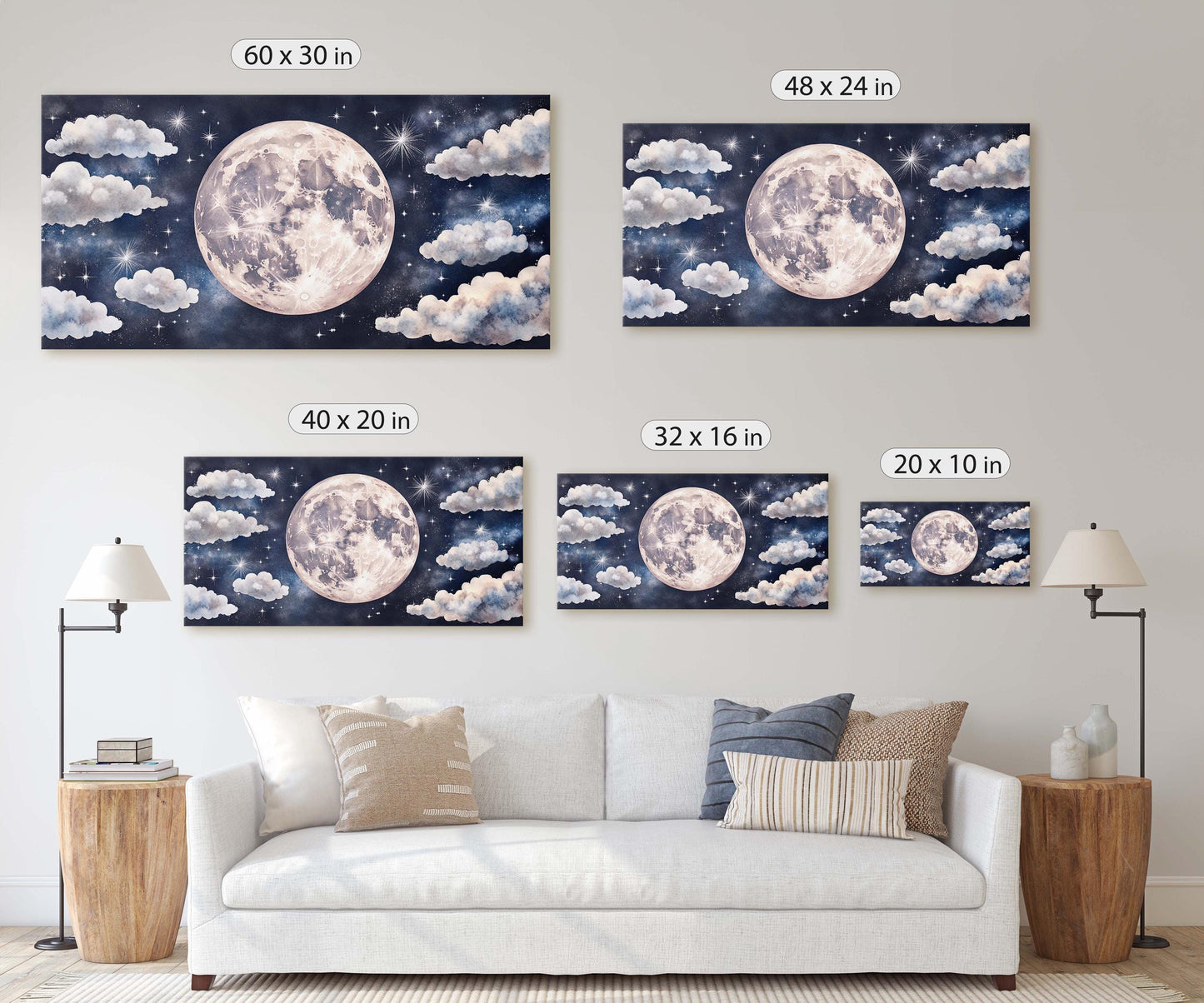 Cloudy Moon Sky, Moon Painting, Moon and Stars