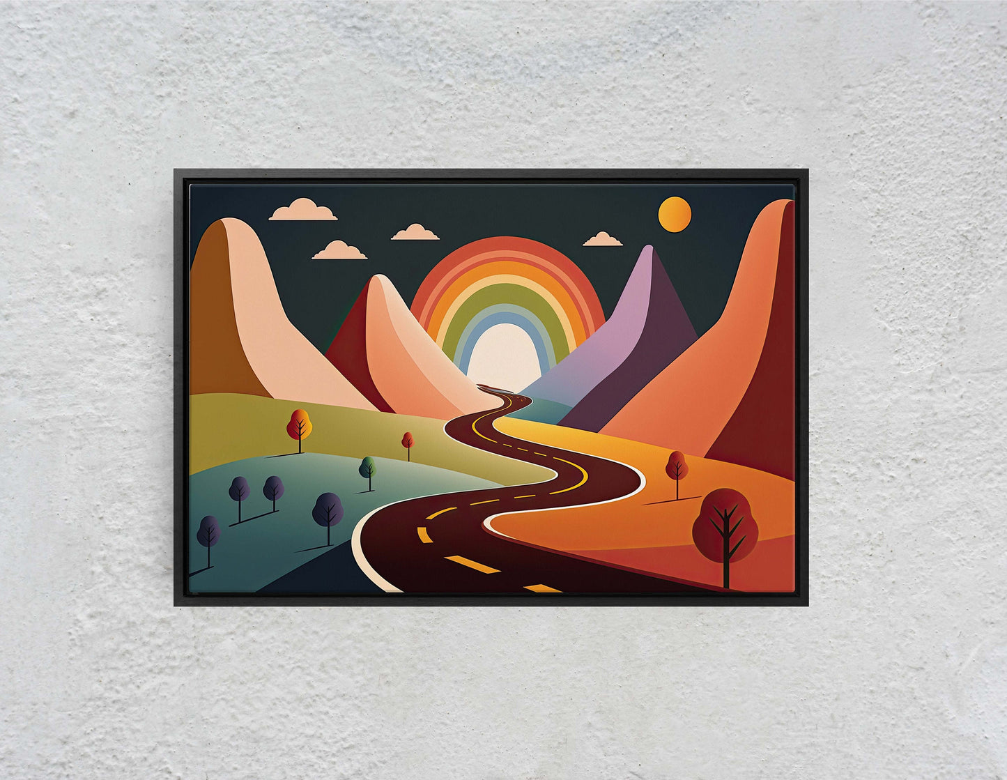 Rainbow Road, Colorful mountain, Minimalist, Canvas Art Large Print, Oil Painting, Landscape, Cartoon, Bold Illustration, Joyful