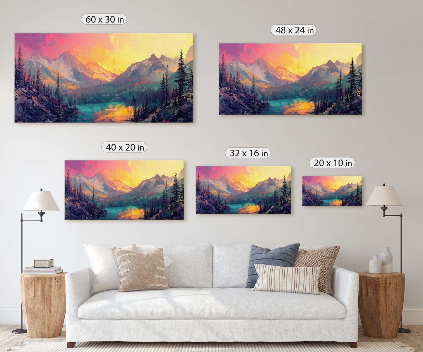 Colorful Mountain Sunrise On Canvas, Smoky Forest, Foggy Mountains, Vibrant Color, Abstract Art