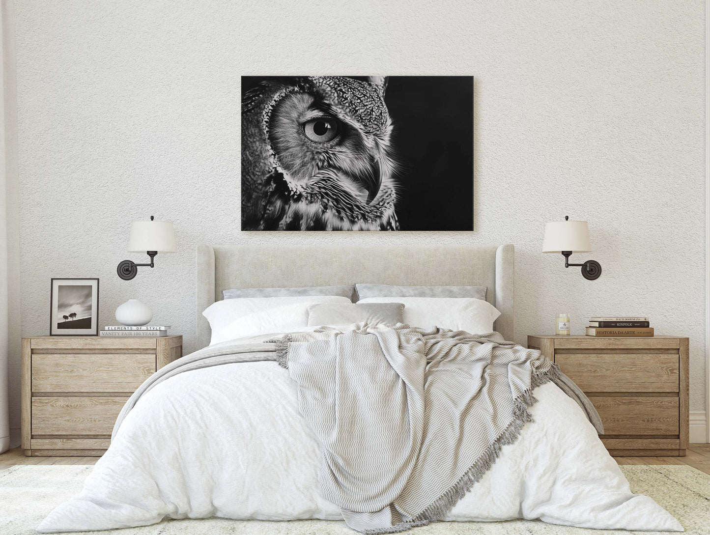 Black and White Owl, Owl Picture, Cabin Decor, Mountain Home Art, Framed Canvas, Owl Painting, Neutral Color, Bird Photo, Owl Photography