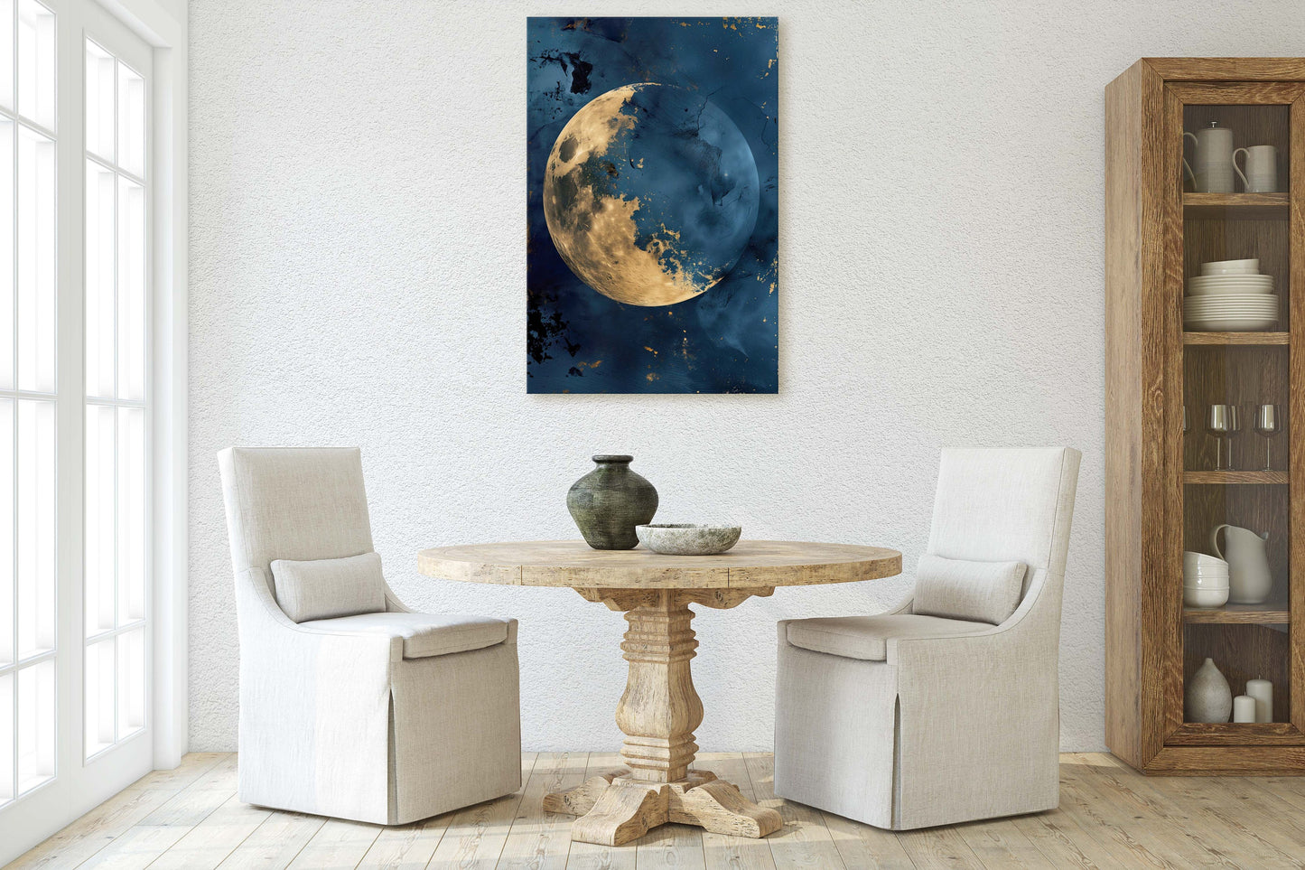 Gold Moon Indigo, Celestial Painting, Gold and Dark Blue, Minimalist Decor, Maximalist Art, Framed Canvas, Space Decor, Night Sky