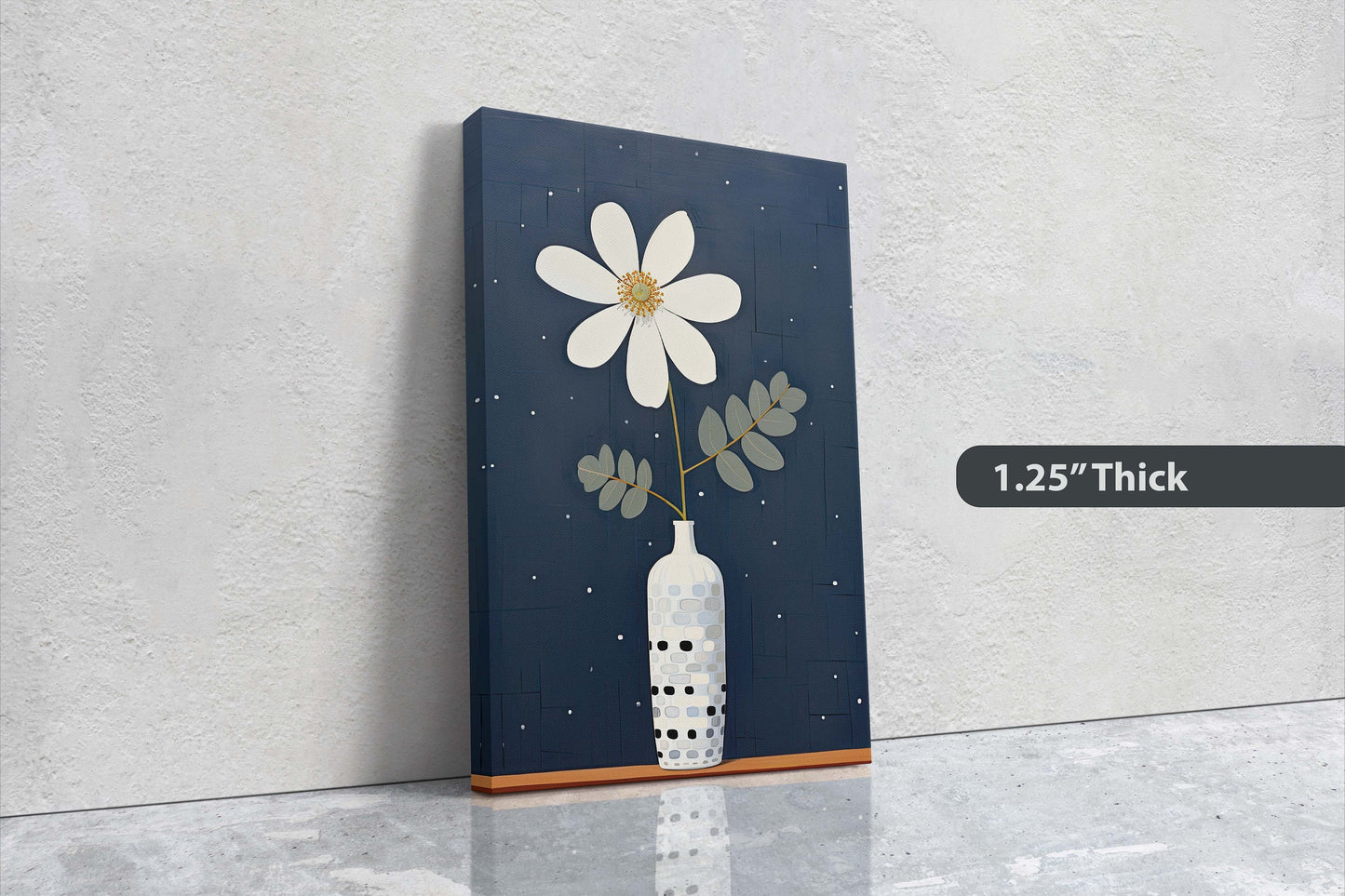 Flower Vase Painting, Contemporary Blue, White Floral Art, Framed Canvas, Large Art Print, Vertical Portrait, Indigo and White, Modern