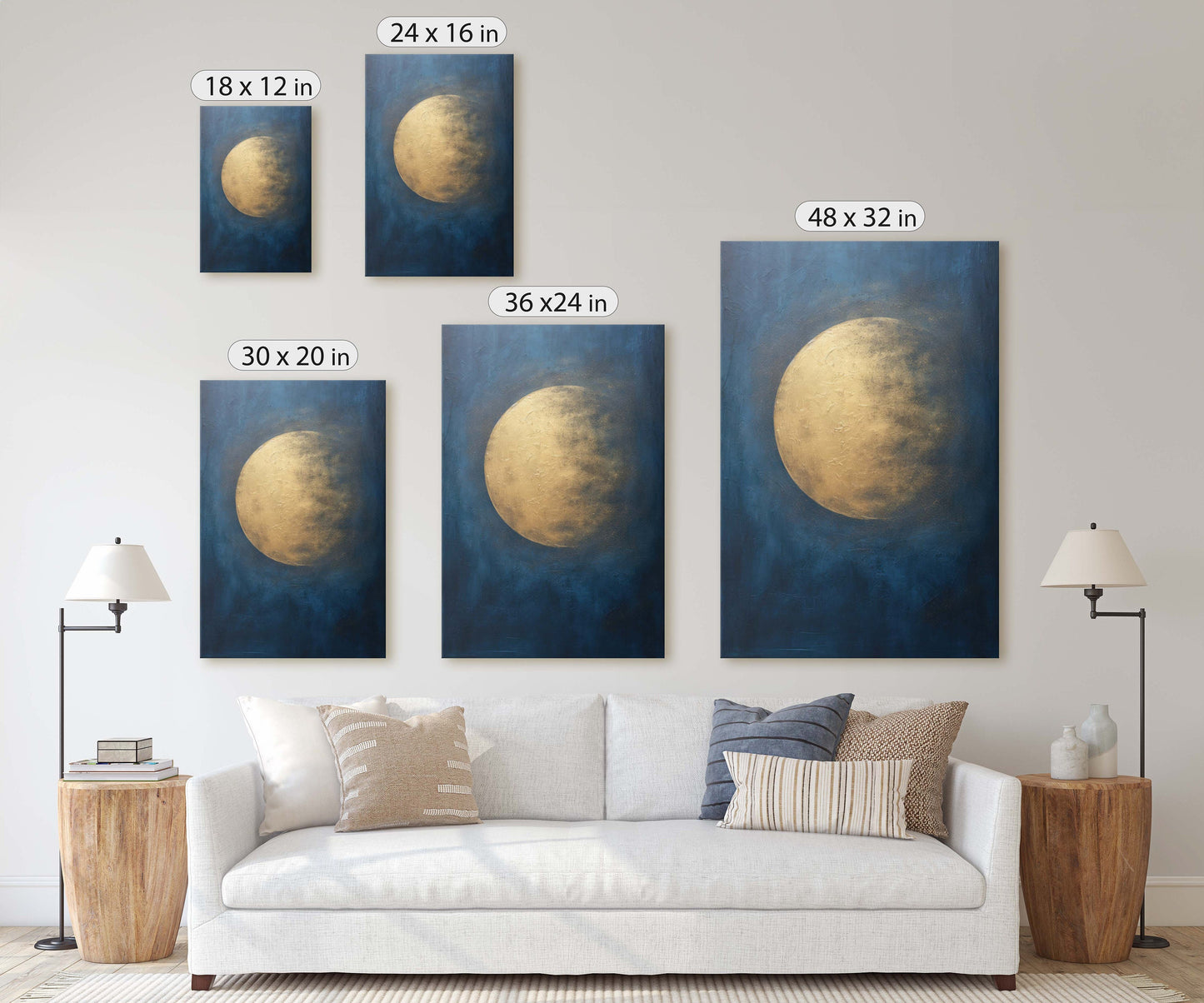 Gold Moon on Indigo, Moon Painting, Minimalist Art, Circle Indigo, Maximalist Art, Contemporary Decor, Celestial Art, Space Decor, Night Sky