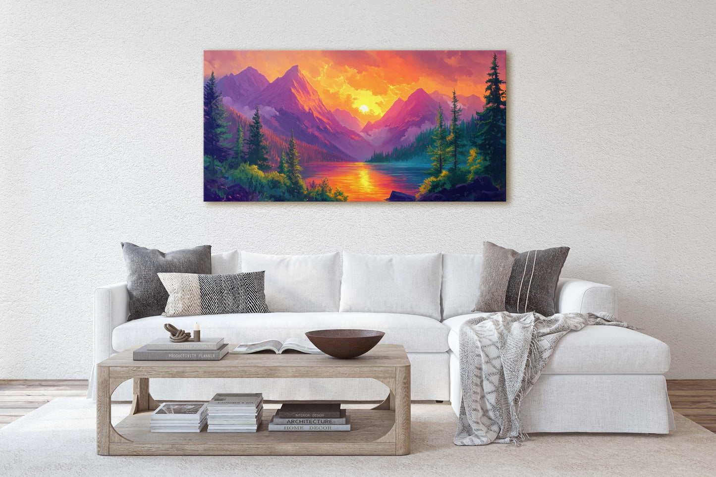 Colorful Mountain Sunrise On Canvas, Smoky Forest, Foggy Mountains, Vibrant Color, Abstract Art