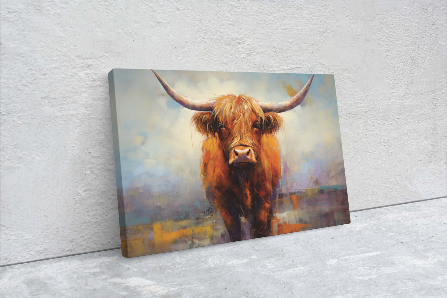 Highland Cow, Scottish Cow, Scotland Cattle, Long-haired cow, Rustic Farmhouse, Farm Animal, Barn Decor, Canvas Art Print, Painting