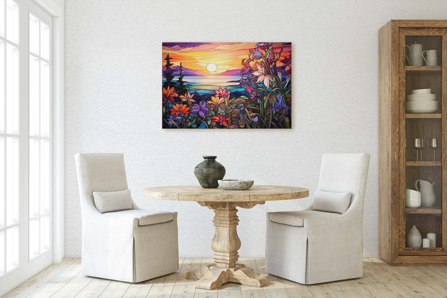 Stained Glass Painting, Faux Stained Glass, Sunset Flowers, Sunrise Field, Mountain Landscape, Framed Canvas, Vivid Colorful