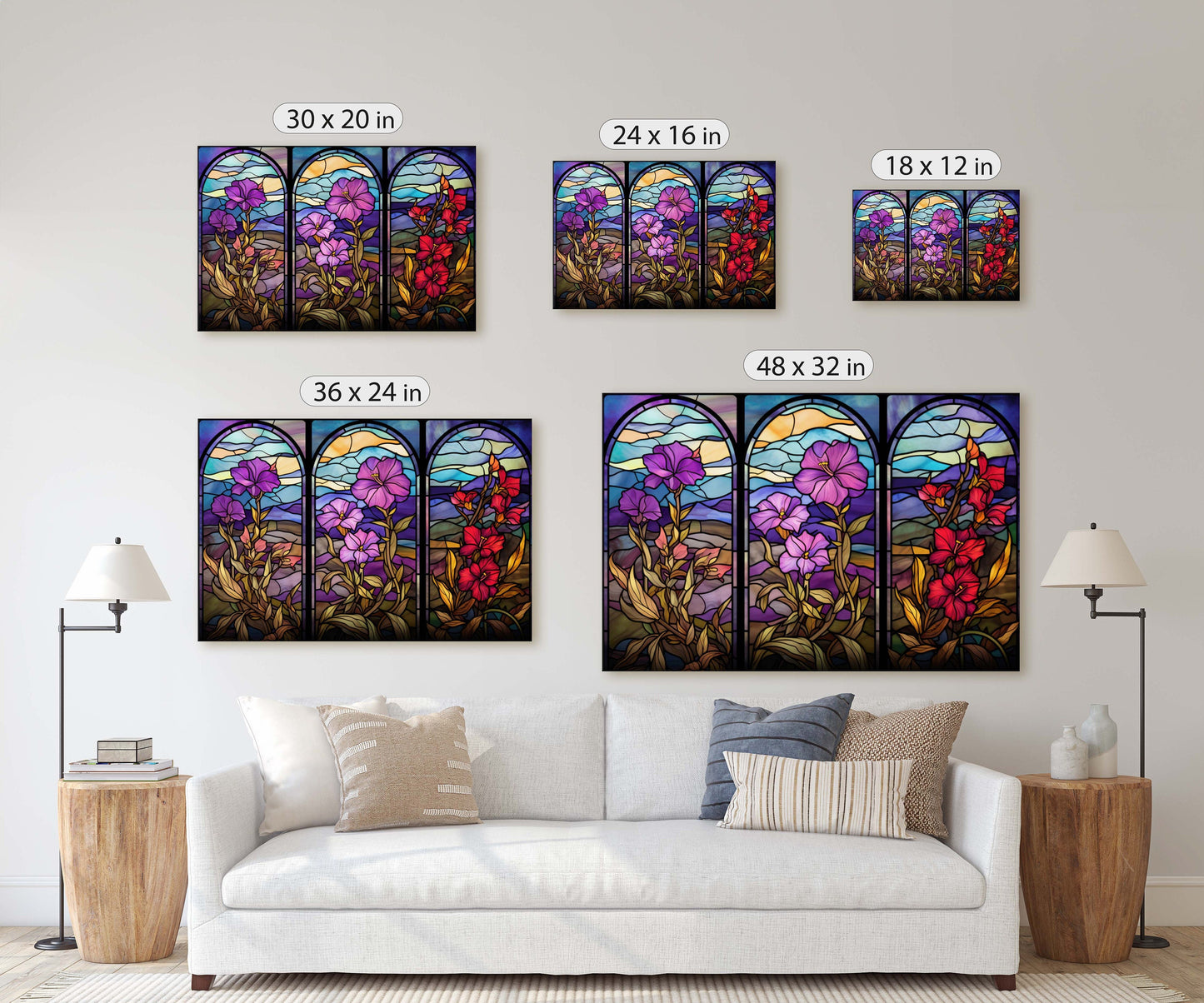 Stained Glass Flowers, Flower Portraits, Wildflowers, Framed Canvas, Vivid Color, Bright