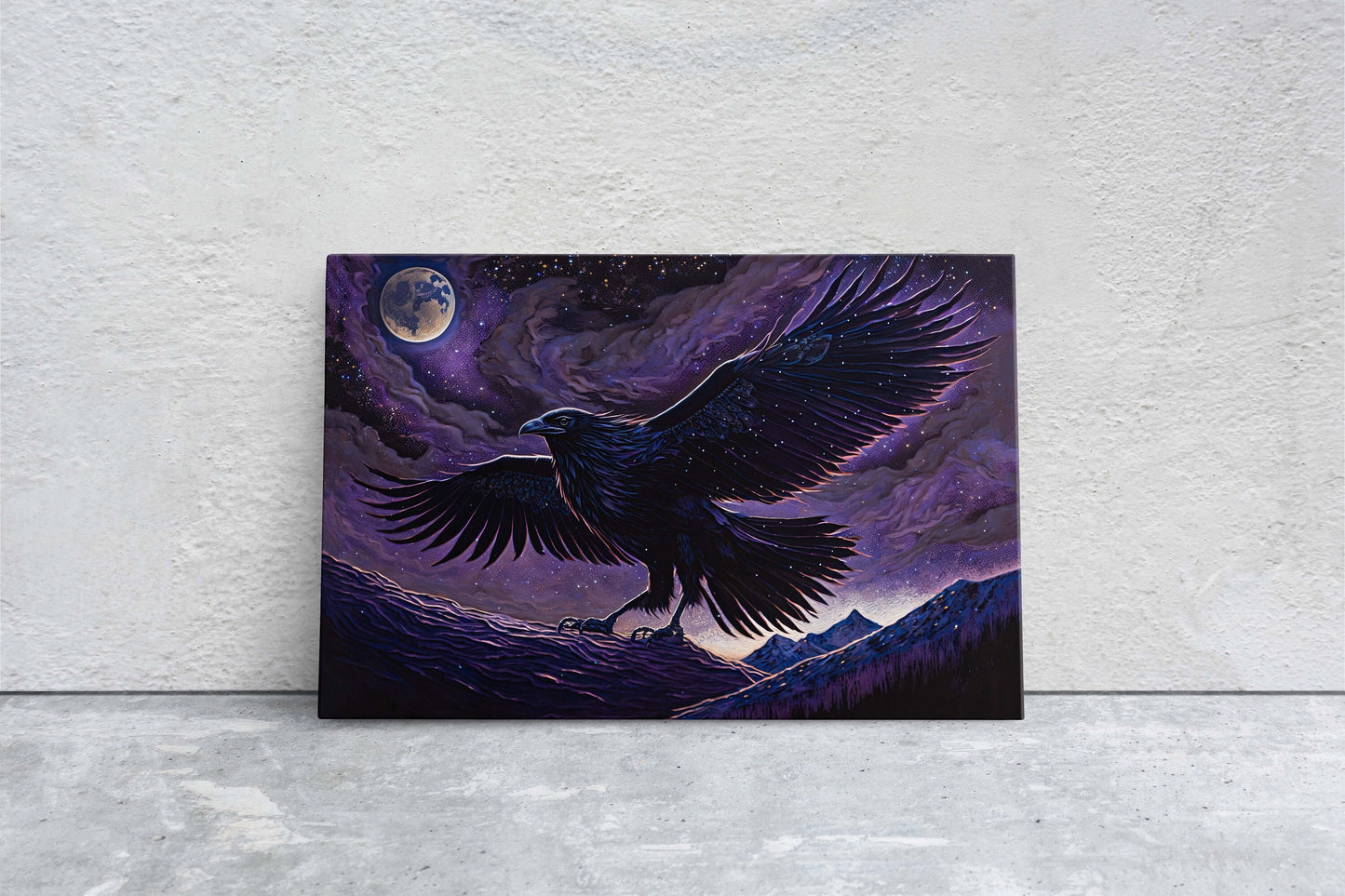 Raven Purple, Night Sky, Abstract Surreal, Ready to Hang, Large Print, Celestial Crow, Bird Painting, Bird Portrait, Moody, Inspiring, Dark