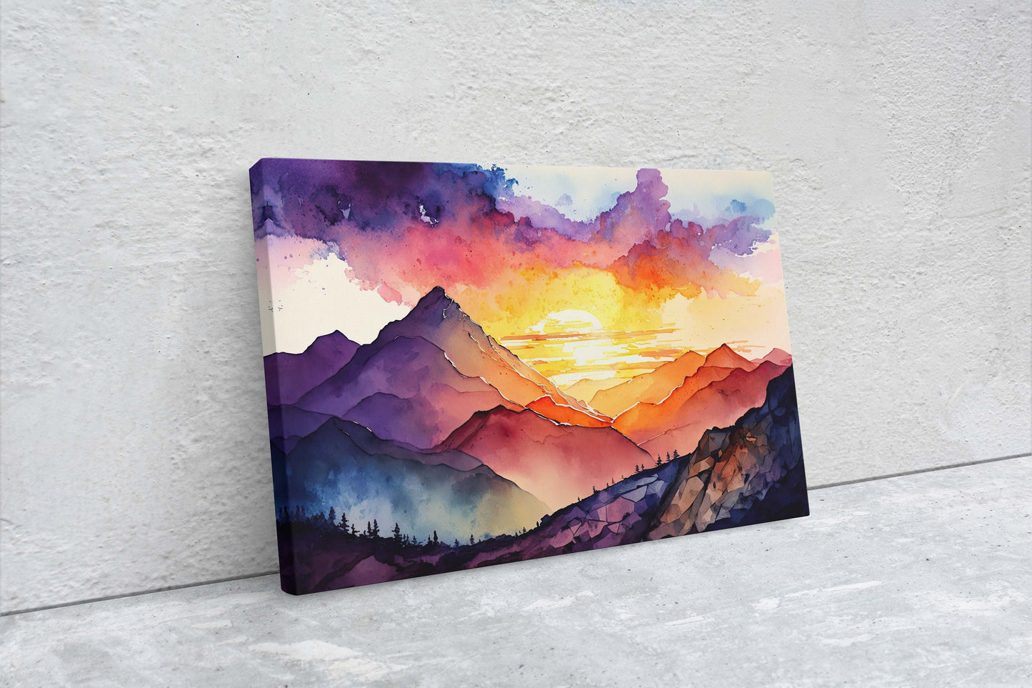 Watercolor mountains, Colorful sunset, Canvas Art, Large Print, Painting, Landscape, vibrant colors, dramatic landscape, living room