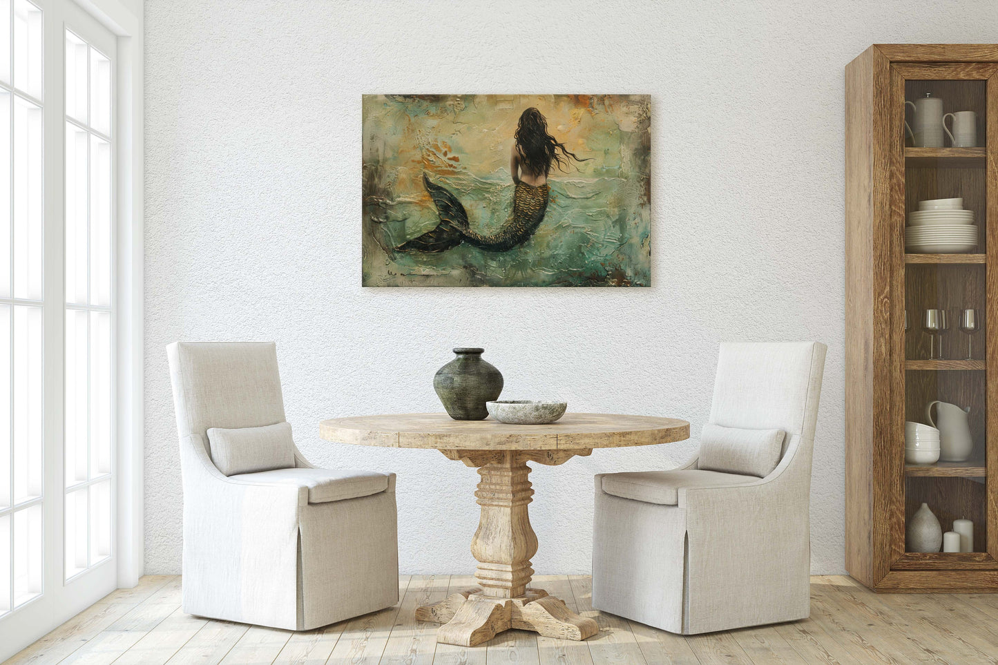 Mermaid in Solitude, Nautical Artwork, Ocean Decor, Mythical Creature, Fantasy Decor, Faux Metal, Framed Canvas, Extra Large Print