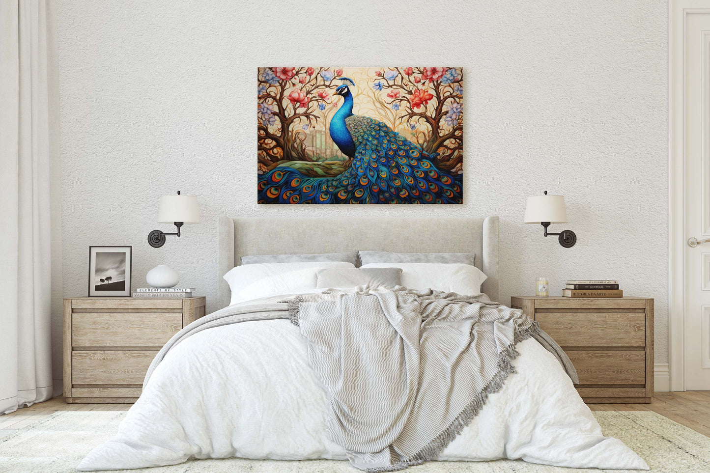 Peacock Painting, Colorful Art, Vibrant Decor, Peacock Wall Art, Framed Canvas