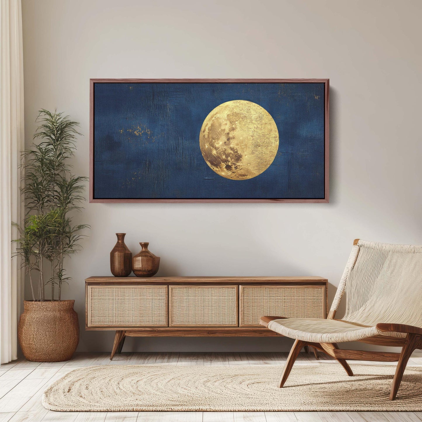 Indigo Gold Moon, Full moon art, Moon Landscape, Contemporary Art, Celestial Decor