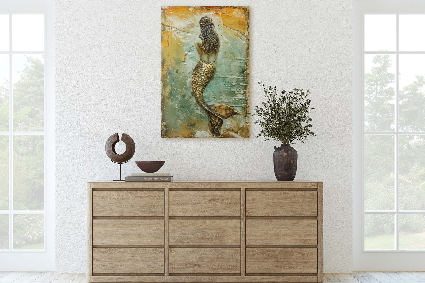 Rustic Mermaid, Faux metal art, Mythical Creature, Ocean Decor, Framed Canvas, Large Art print, Fantasy Painting