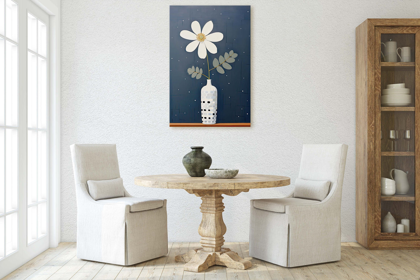 Flower Vase Painting, Contemporary Blue, White Floral Art, Framed Canvas, Large Art Print, Vertical Portrait, Indigo and White, Modern