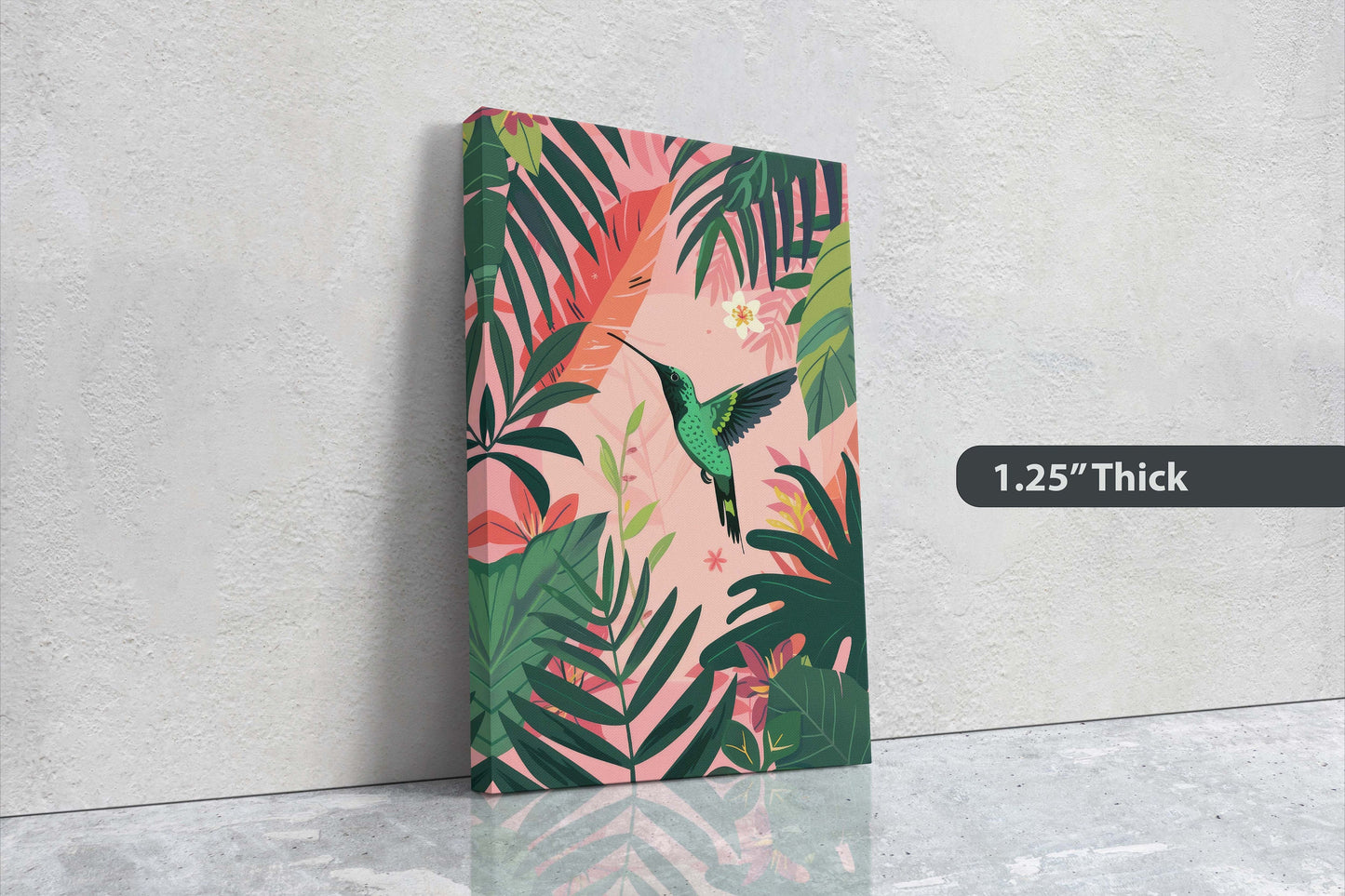 Hummingbird Illustration, Framed Canvas, Tropical Art, Maximalist Jungle, Botanical Print, Bold Eclectic