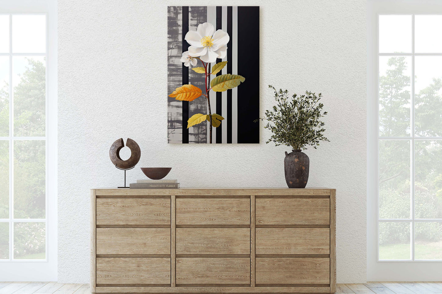 Flower Painting, Black and White, Contemporary Art, Modern Picture, Framed Canvas, Large Art Print, Farmhouse, Barn Decor