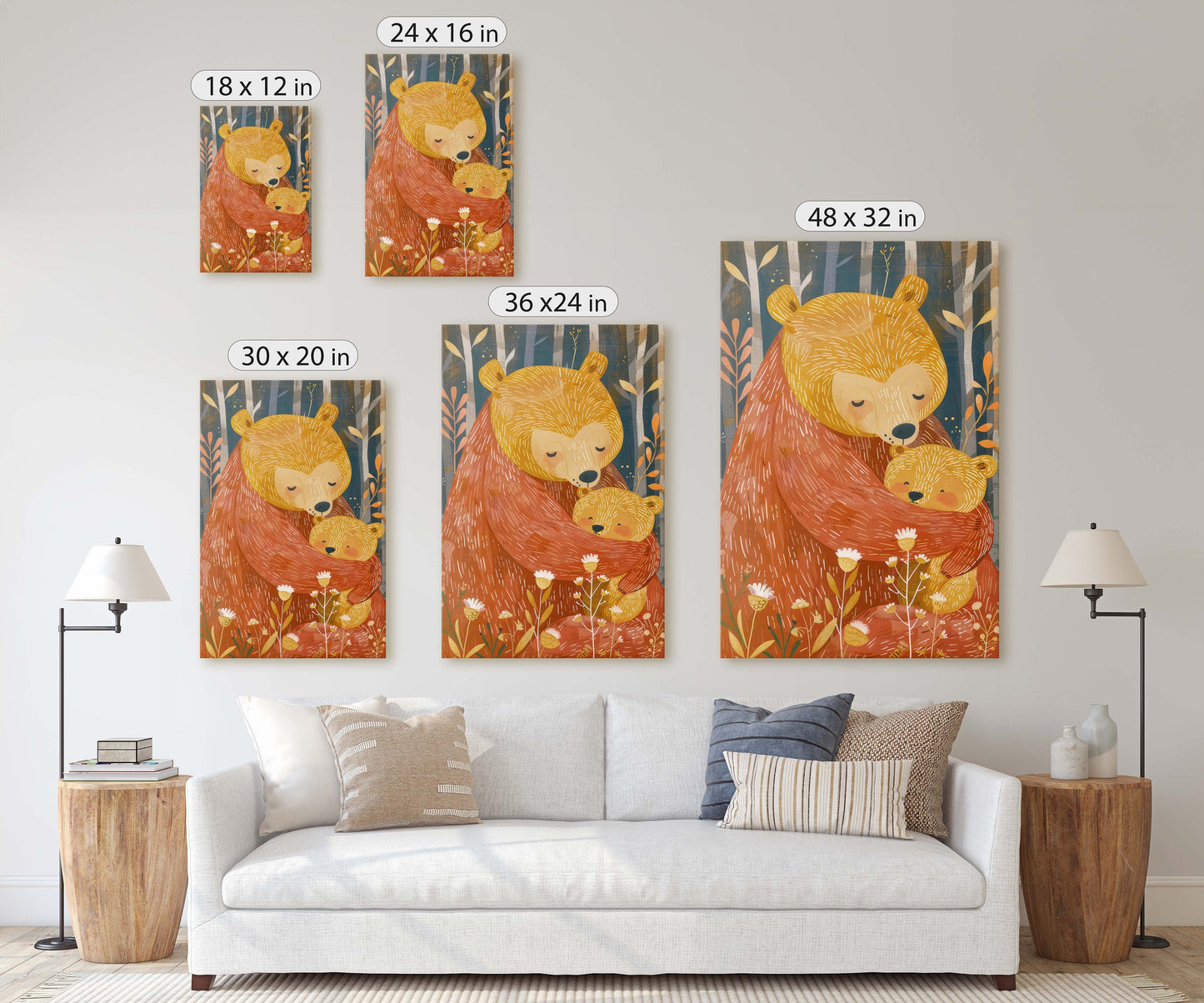 Mama Bear, Bear and Cub, Mom and Child, Dad and Baby, Kids Room, Nursery Decor, Illustration Painting, Framed Canvas, Large Art Print