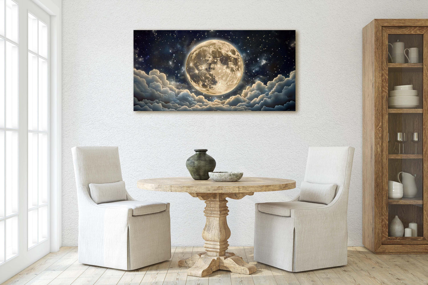 Cloudy Moon Sky, Moon Painting, Moon and Stars, Full Moon