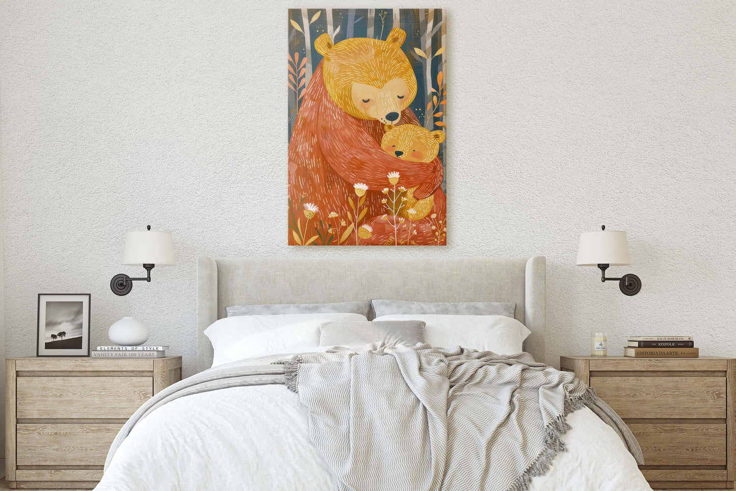 Mama Bear, Bear and Cub, Mom and Child, Dad and Baby, Kids Room, Nursery Decor, Illustration Painting, Framed Canvas, Large Art Print