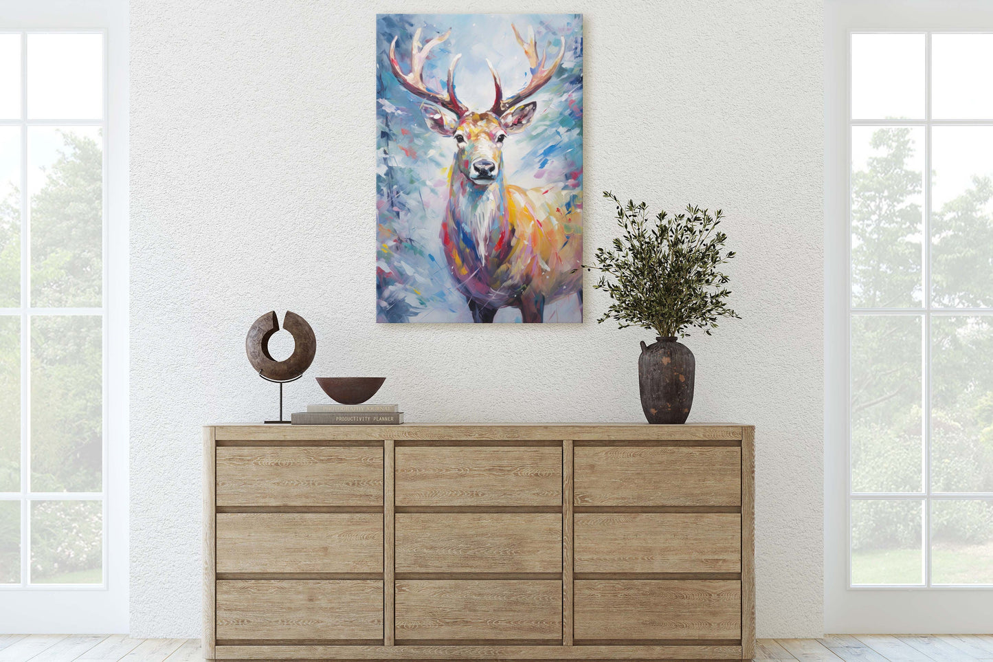 Reindeer Painting, Colorful Reindeer, Winter Art, Festive Decor, Xmas Print, Framed Canvas, Reindeer Print