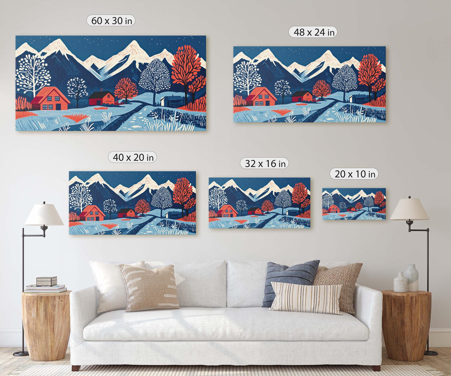 Scandinavian Village, Mountain Village, Mountain Town, Linocut Print