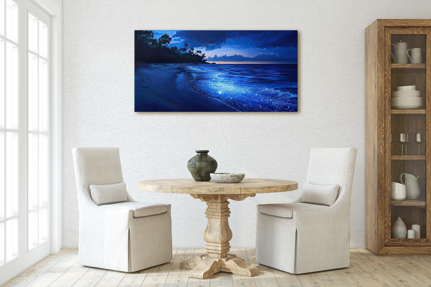 Starry Beach, Night Beach Art, Coast Painting, Blue Glow