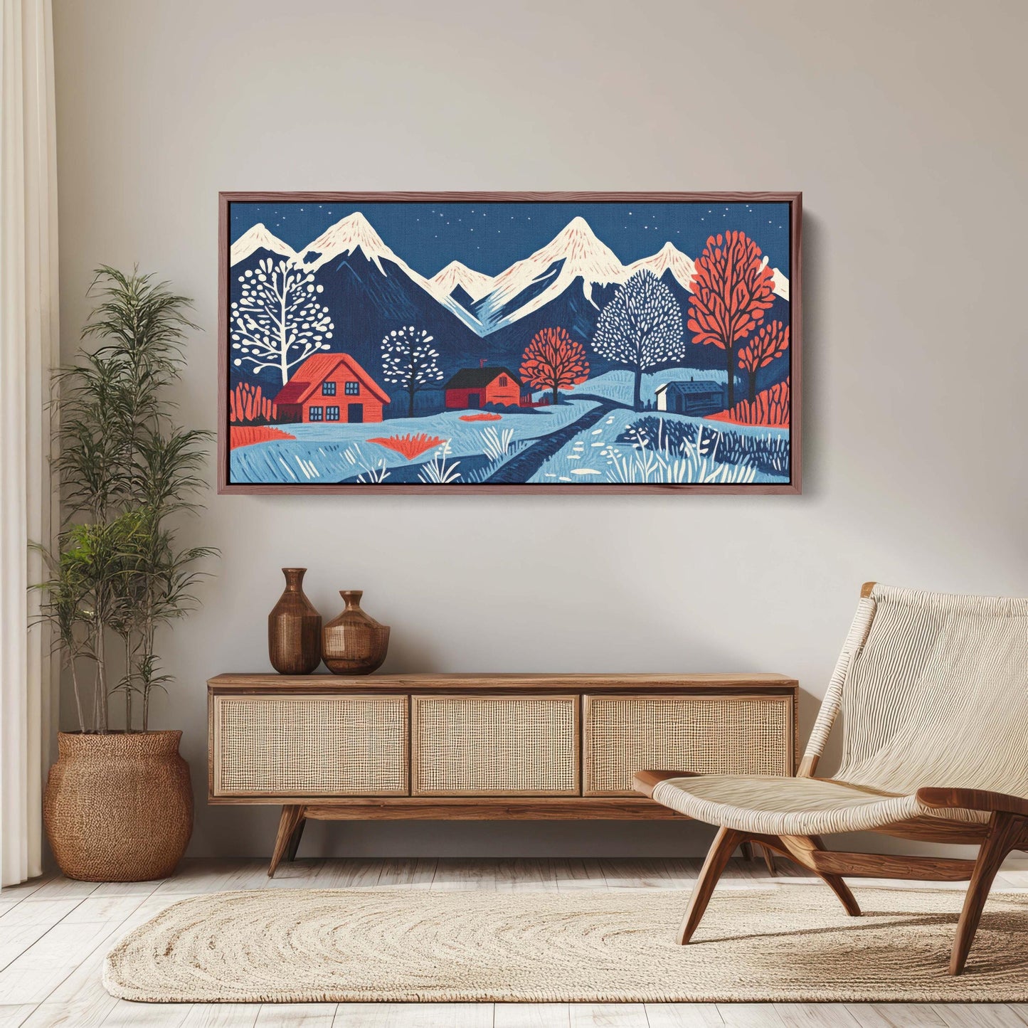 Scandinavian Village, Mountain Village, Mountain Town, Linocut Print