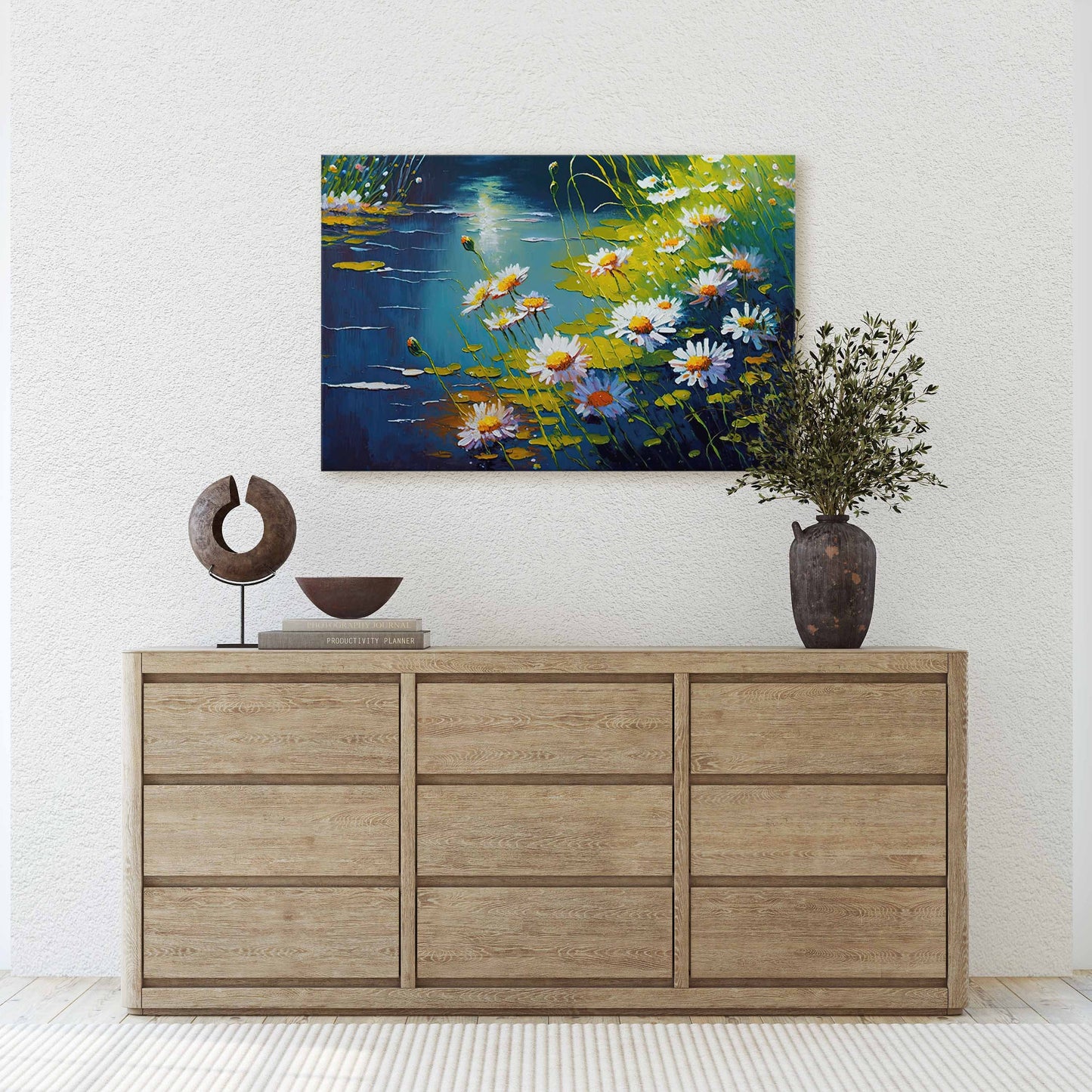 Camellia sinensis, Tea Plant, Stream, Flowers Canvas Art Ready To Hang Large Print, Oil Painting, Landscape