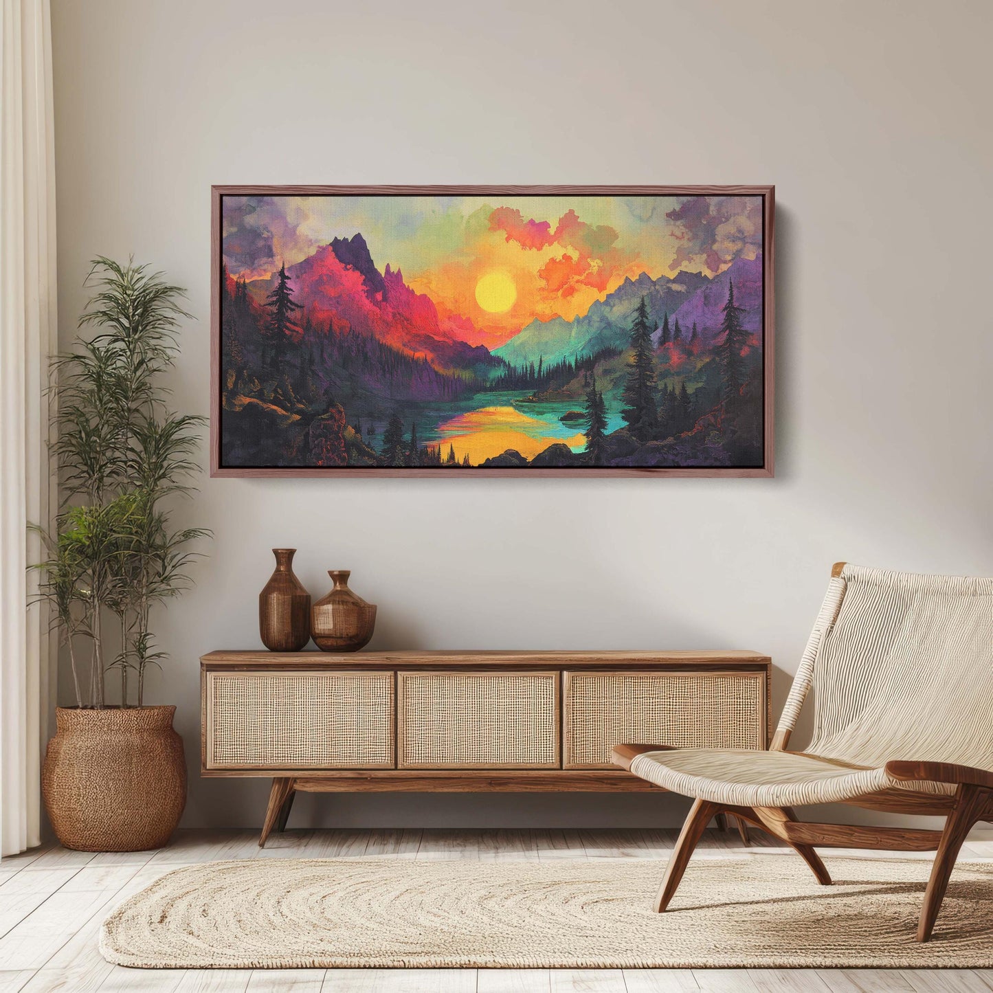 Colorful Mountain Sunrise on Canvas, Smoky Forest, Foggy Mountains, Vibrant Color, Abstract Art