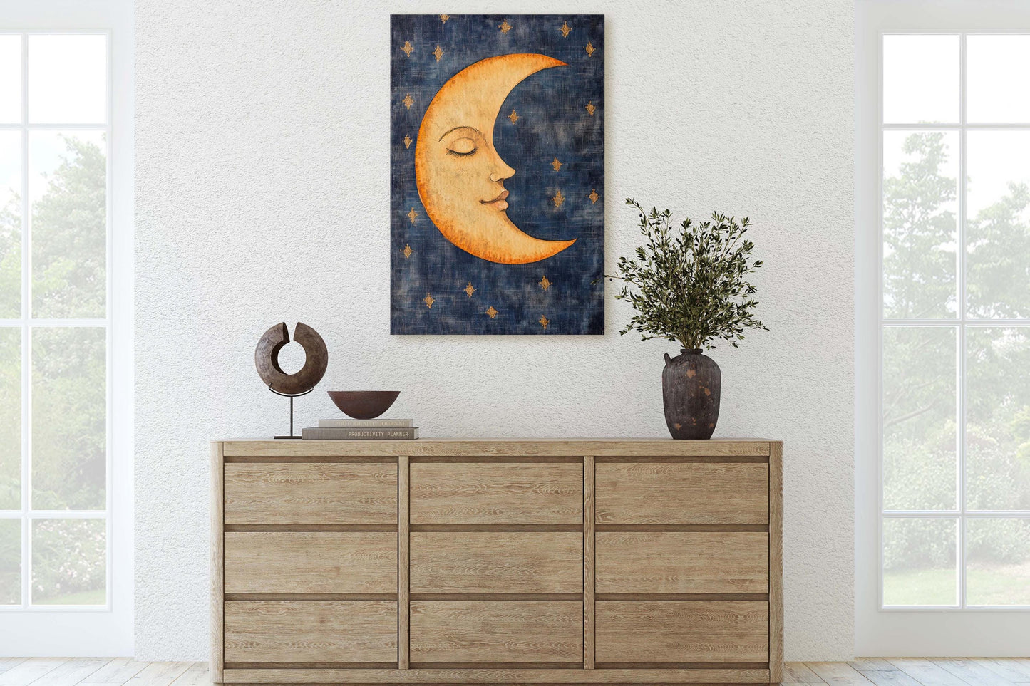 Vintage Moon Sleeping, Moon Face Painting, Retro Art, Moon in Sky