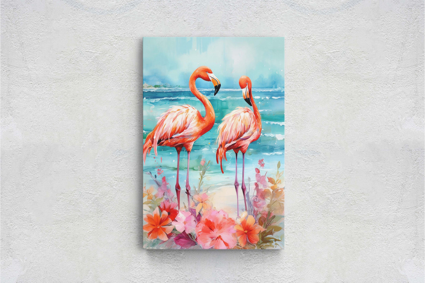 Flamingo Flowers on Canvas, Floral Bird, Beach Art, Framed Canvas, Tropical Art, Blue Water, Animal Print, Bird Lover, Vertical Portrait