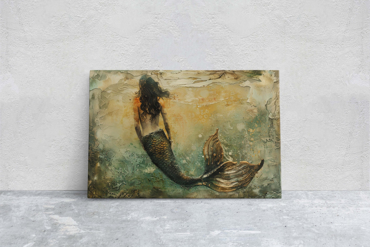 Mermaid Alone, Nautical Artwork, Ocean Decor, Mythical Creature, Fantasy Decor, Faux Metal, Framed Canvas, Extra Large Print