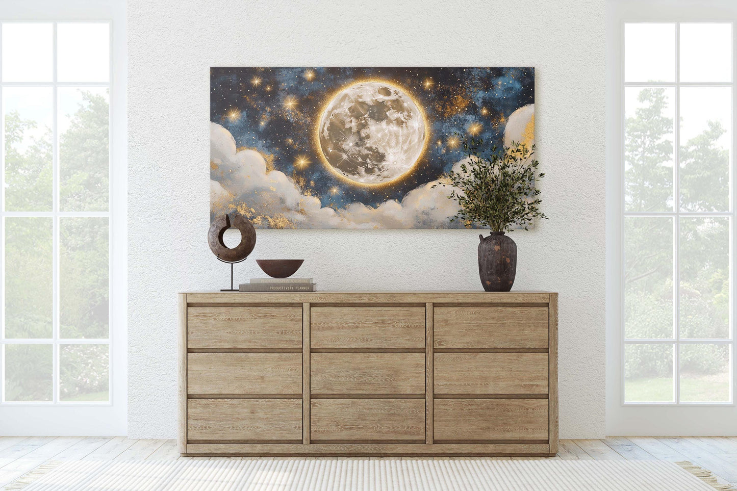 Full Moon Vintage ,Cloudy Moon Sky, Moon Painting, Moon and Stars