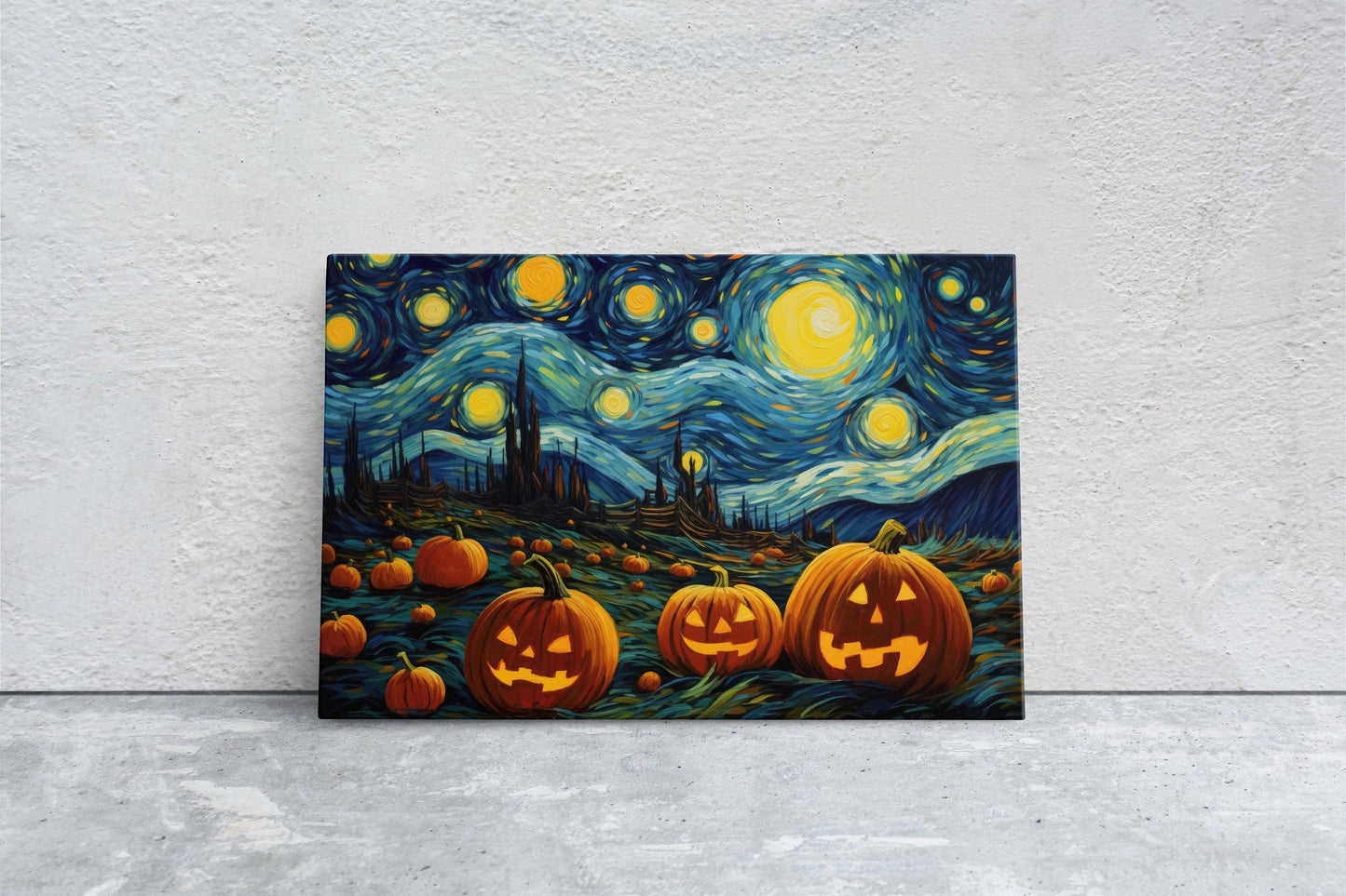 Pumpkin Starry Night on Canvas, Halloween Van Gogh, Jack-O-Lantern, Pumpkin Patch, Framed Canvas, Fun Halloween