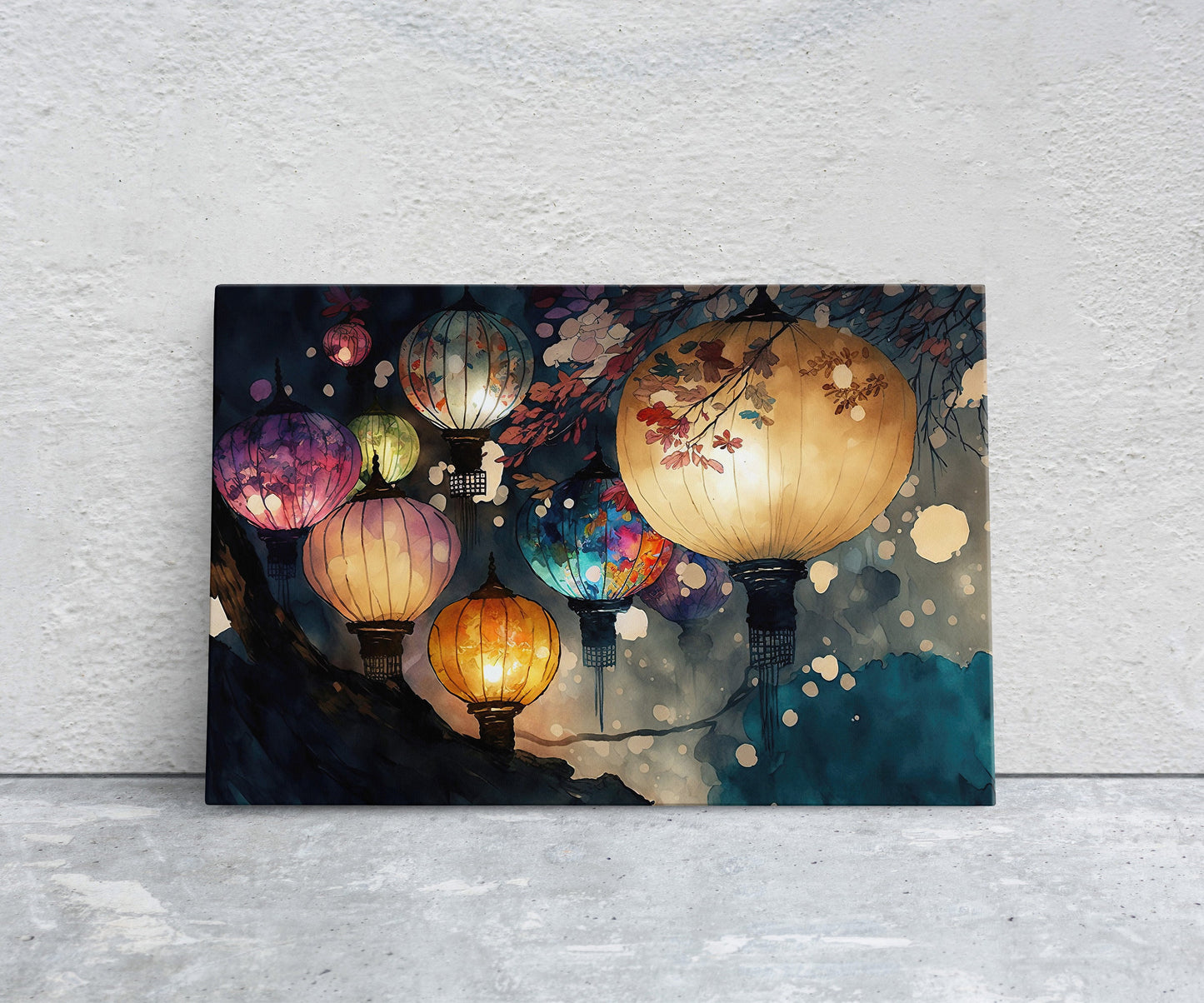 Paper Lantern Festival Canvas Art Ready To Hang Large Print, Night Sky, Watercolor, Chinese, Japanese